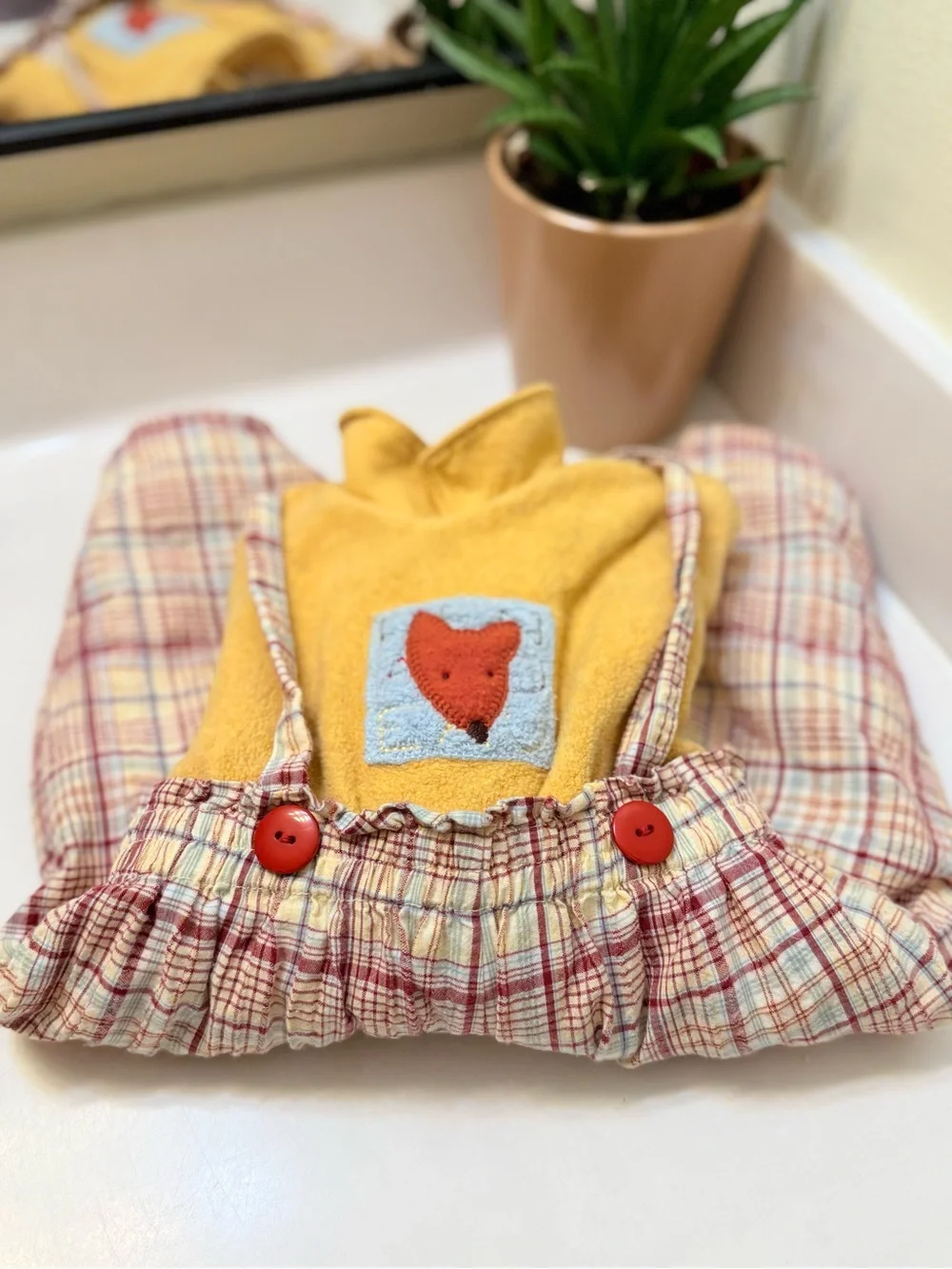 VTG 90s Babymini par Catimini Fleece Top Plaid Overalls Set 6M 67cm Fox French